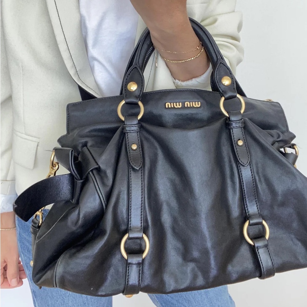 Miu Miu Black Leather Satchel with Gold Hardware